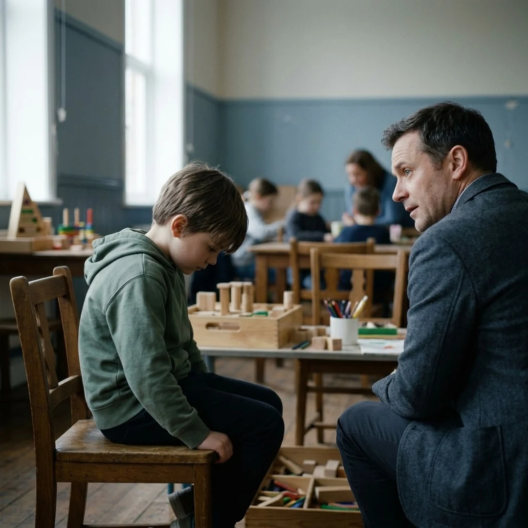 An adult leans in at eye level beside a child who looks down, apart from other children in a classroom